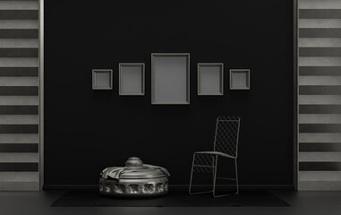 Flat color interior room for poster showcase with 5 frames  on the wall, monochrome black and metallic silver color gallery wall with single chair, without plant. 3D rendering