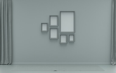 Wall mockup with six frames in solid flat  pastel ash gray color, monochrome interior modern living room without furniture and empty, 3d rendering