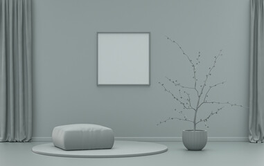 Single Frame Gallery Wall in ash gray color monochrome flat room with single chair and plants, 3d Rendering