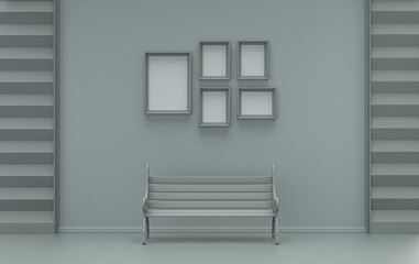 Flat color interior room for poster showcase with 5 frames  on the wall, monochrome ash gray color gallery wall with single park bench, without plant. 3D rendering