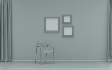 Gallery wall with three frames, in monochrome flat single ash gray color room with single chair, without plant,  3d Rendering