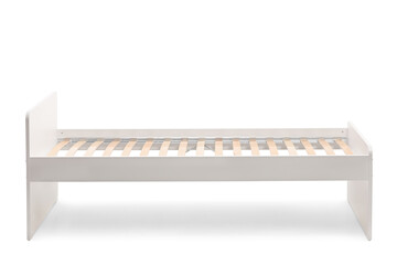Studio shot of a white single bed with bed frame