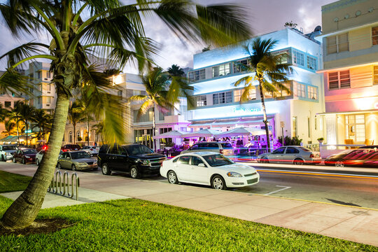 Buildings on Ocean Drive illuminated at night, South Beach, Miami, Florida, USA