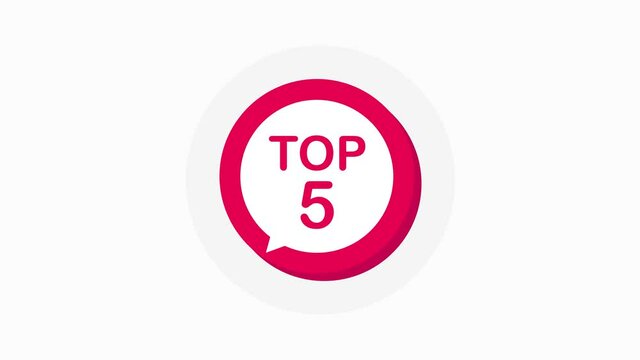 Top 5 red sign. Button Design in Flat Style on white background. Motion graphic.