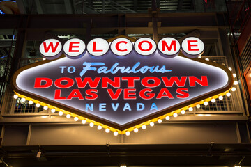 Low angle view of neon welcome sign, downtown Las Vegas, Nevada, USA