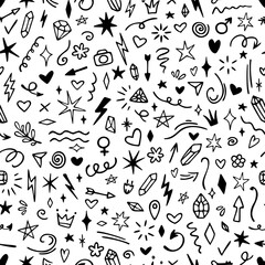 Vector seamless pattern with different stars, sparkles, arrows, hearts, crystals, diamonds, signs and symbols. Hand drawn, doodle style. Design for wallpaper, wrapping, stationery, textile.