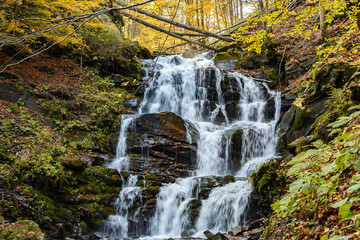 Waterfall Shypit, cascade in Pylypets in the autumn forest. Carpathian Mountains, Zakarpatska oblast, Ukraine.