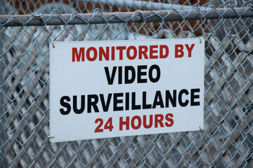 View of sign Monitored by Video Surveillance 24 hours attached to the fence
