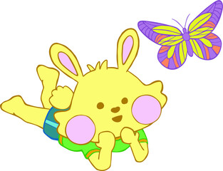 Happy Little Bunny watching a butterfly passing by