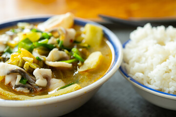 angle view fast food of spicy boiled fish with rice horizontal composition