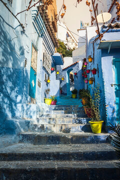 Blue painted house exteriors on stairway, Chefchaouen, Morocco