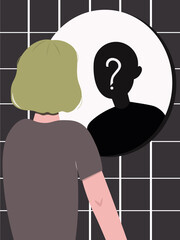 A teenager of undetermined gender looks in the mirror, but does not see his own reflection. Search for yourself, an attempt to determine your gender. teenage problems. Self-rejection. Who am I?