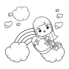 Coloring book cute girl holding a heart