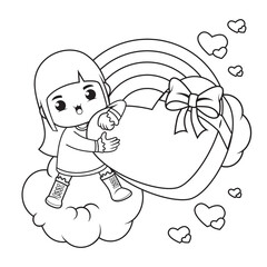 Coloring book cute girl holding a heart