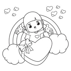 Coloring book cute girl holding a heart