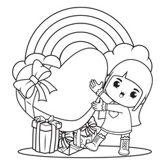 Coloring book cute girl holding a heart