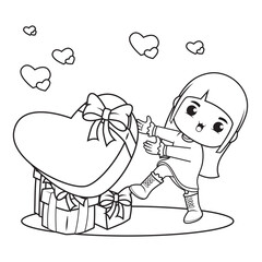 Coloring book cute girl holding a heart