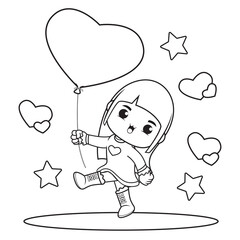 Coloring book cute girl holding a heart