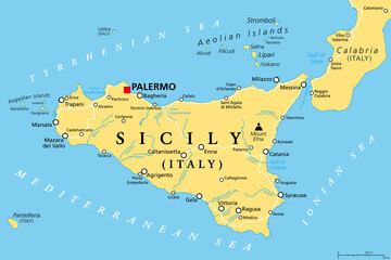 Sicily, autonomous region of Italy, political map, with capital Palermo, Aeolian and Aegadian Islands, volcano Etna, and important cities. Largest island in the Mediterranean Sea. Illustration. Vector
