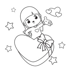 Coloring book cute girl holding a heart