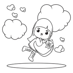 Coloring book cute girl holding a heart