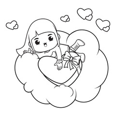 Coloring book cute girl holding a heart
