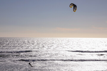 Kite surfer surfing in sea, Cape Town, Western Cape, South Africa