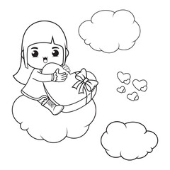 Coloring book cute girl holding a heart