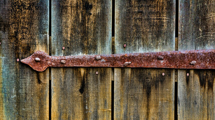 USA, Virginia, Roanoke, Explore Park. Detail of rusty barn door brace.
