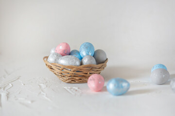 Easter composition with energy balls in the form of eggs. Vegan concept.