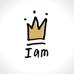 I am the queen. Cartoon illustration with crown and inscription. For girls. Vector template for postcards, t-shirt print, etc. Cute card