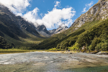 Fototapeta na wymiar lake Mackenzie on Routeburn Track Great Walk in Southern Alps, Fiordland National Park, New Zealand