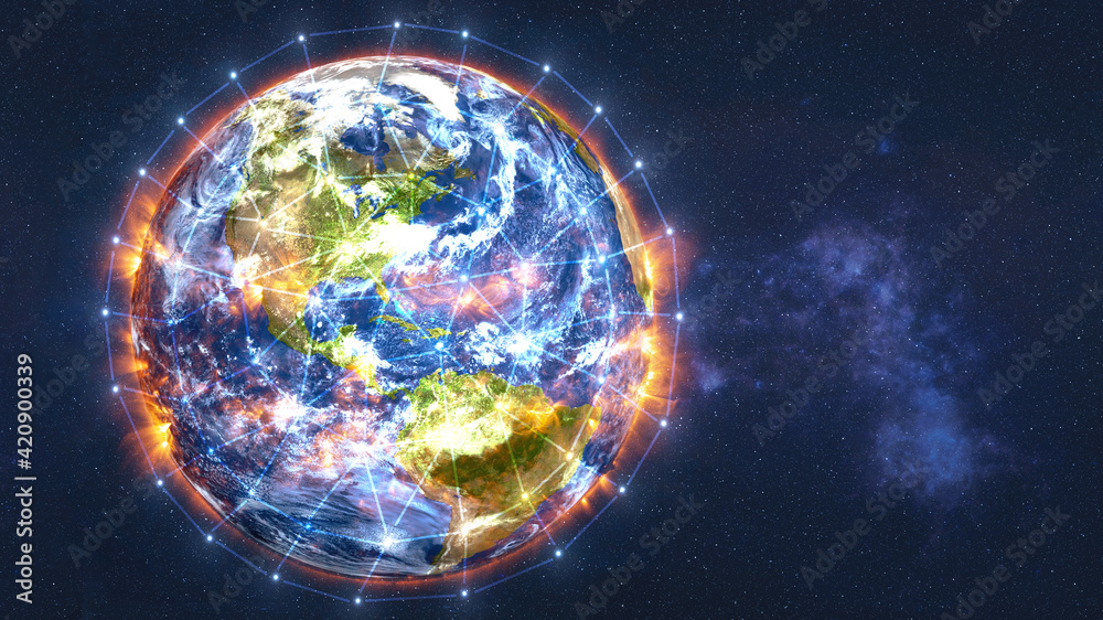 Wall mural earth planet of solar system with fire flares and data lines. data exchange and global network over 