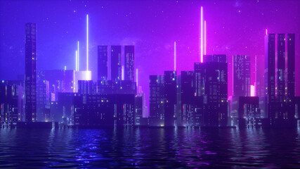3d render, abstract ultraviolet background with urban skyscrapers illuminated with neon light. Starry night sky and water - obrazy, fototapety, plakaty