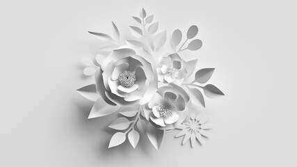 3d render, abstract white background with bouquet of paper flowers and leaves, floral craft, botanical wallpaper