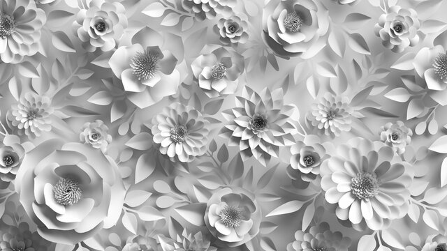 3d render, abstract wedding background with white paper flowers and leaves, floral botanical wallpaper