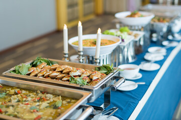 buffet food, catering food party at restaurant, mini canapes, snacks and appetizers