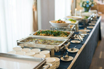 buffet food, catering food party at restaurant, mini canapes, snacks and appetizers