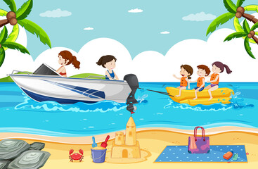 Beach scene with people playing banana boat