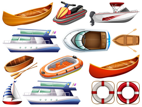 Set of different kind of boats and ship isolated on white background