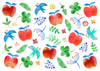水彩_フルーツと葉っぱ模様