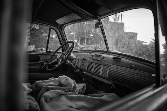 Vintage car front seat, black and white image, Nelson, Nevada, USA