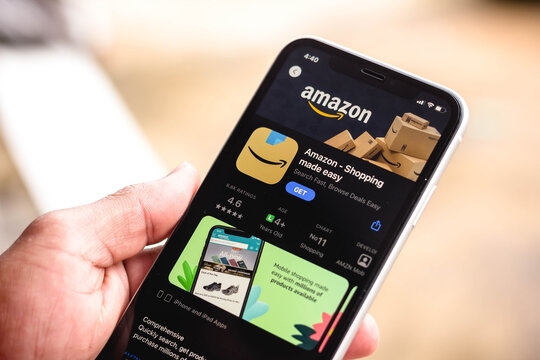 March 16, 2021, Brazil. In this photo illustration the Amazon Shopping logo in App Store seen displayed on a smartphone screen.