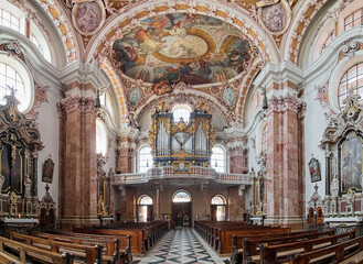 Innsbruck, Austria. Panoramic view of interior of Innsbruck Cathedral with main organ. The...
