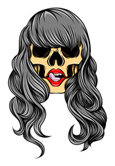 The hand drawn of the sweety girl skull with the wavy long hair