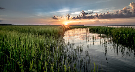 Obraz na płótnie Canvas Sunset Reflection Busting over Marsh