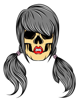The scary hand drawn of the women skull with the twin tail hair model