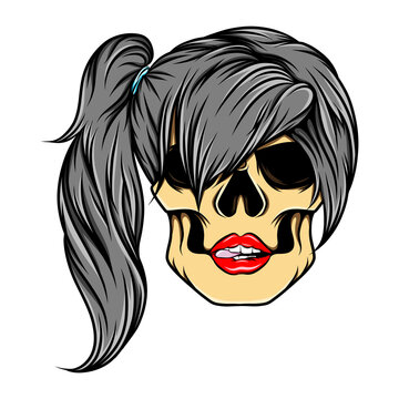 The scary art work of the women skull with the side pony tail models
