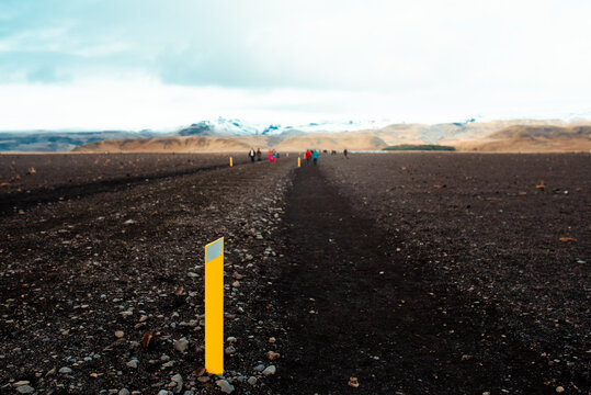 Beach marker on black beach, Sólheimasandur, Vík, Eyjafjardarsysla, Iceland