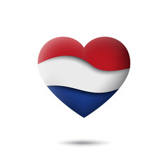 Netherlands, denmark flag icon in the shape of heart. Waving in the wind. Abstract waving dutch flag. Paper cut style. Vector symbol, icon, button